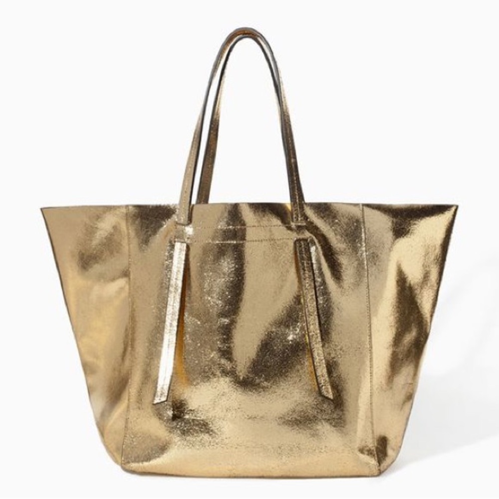 NWOT ZARA Gold Metallic Leather Tote Bag